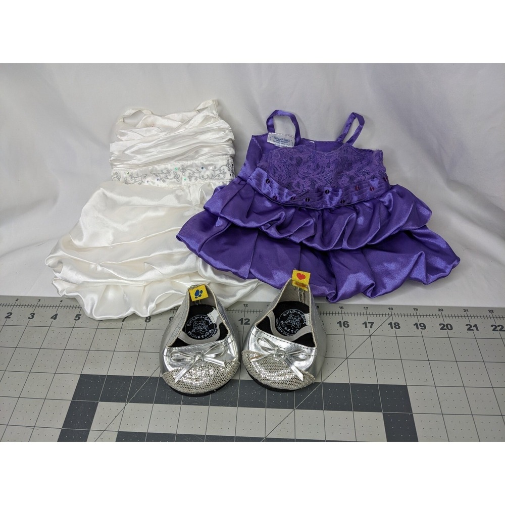 Build a Bear Clothes Gown Dress Satin‎ Lot Purple White Silver Shoes